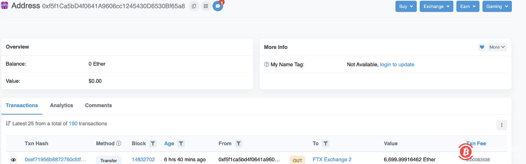 三箭资本向FTX转入6700枚ETH 