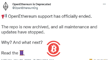 以太坊客户端OpenEthereum被正式弃用,所有维护和更新均已停止