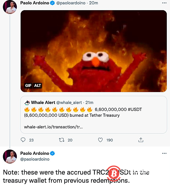  Tether Treasury在波场网络销毁66亿枚USDT 
