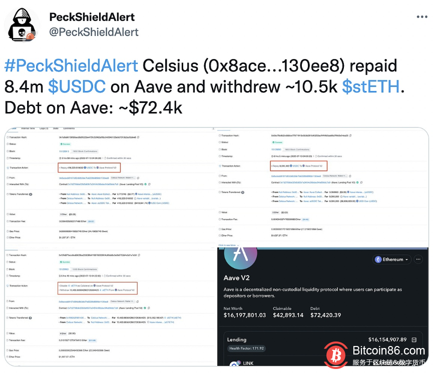  Celsius向Aave还款约840万枚USDC并取回约1.05万枚stETH 