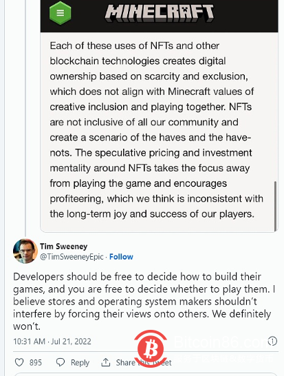 Epic Games CEO：绝对不会像《我的世界》那样禁止NFT 