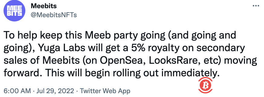 Yuga Labs开始向Meebits二级市场销售收取5%的版税