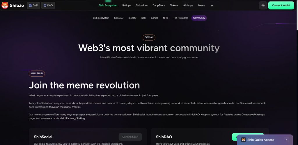 Shiba Inu ecosystem homepage highlighting community features