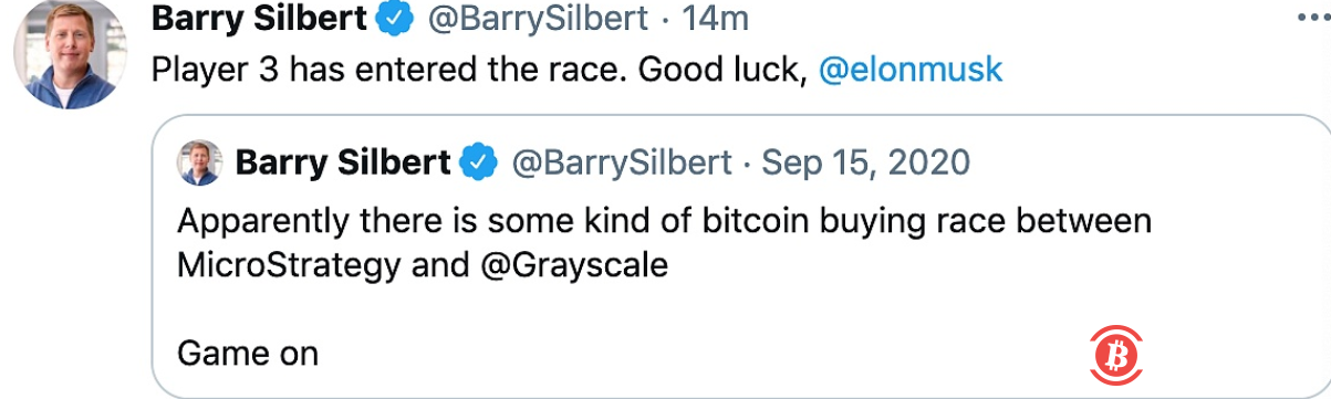 灰度创始人在推特祝贺特斯拉加入“比特币购买竞赛”