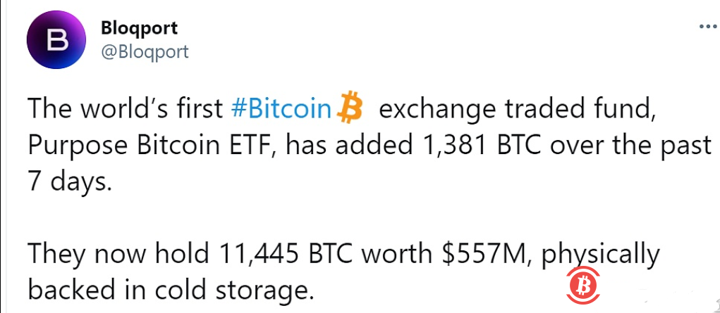 数据:Purpose旗下比特币ETF最近7天增持1381个BTC