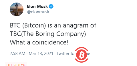 马斯克:BTC是TBC的变位词