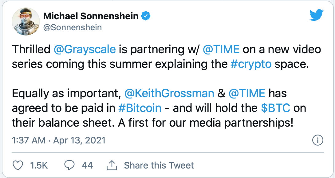 《时代》杂志加入特斯拉阵营,准备将比特币列入资产负债表