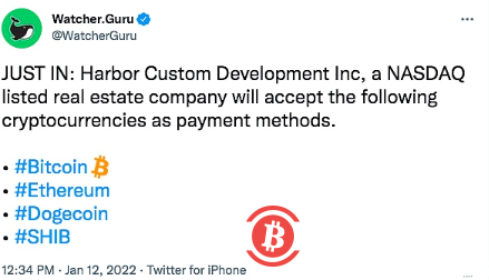  纳斯达克上市公司Harbor Custom Development将接受加密支付 