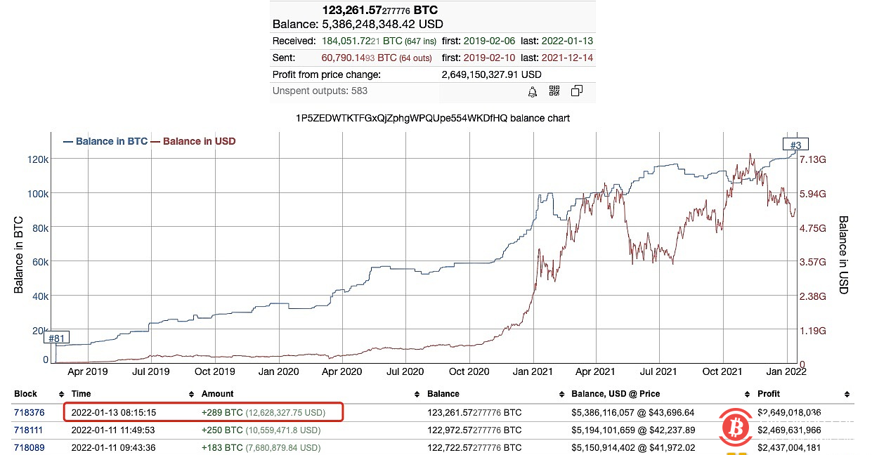 第三大比特币鲸鱼于今日再次加购289枚BTC 