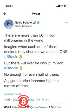 萨尔瓦多总统:比特币大幅上涨只是时间问题