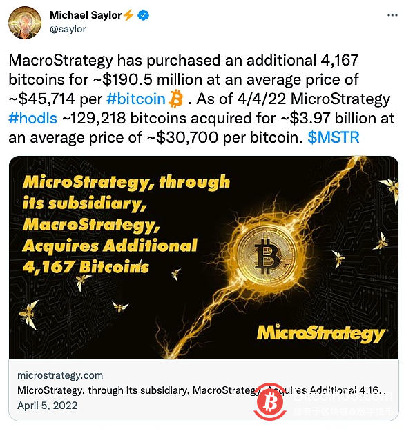 MacroStrategy再次购买4167个比特币