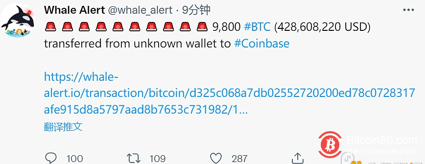  9800枚比特币从未知钱包转入Coinbase 