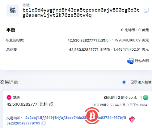  42530枚BTC从LFG地址中转出 