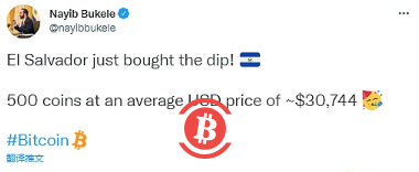  萨尔瓦多总统：刚刚以30744美元的均价买入500枚比特币 