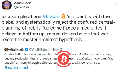 V神：不认同主架构师假设，比特币也是由人类设计出的社会系统