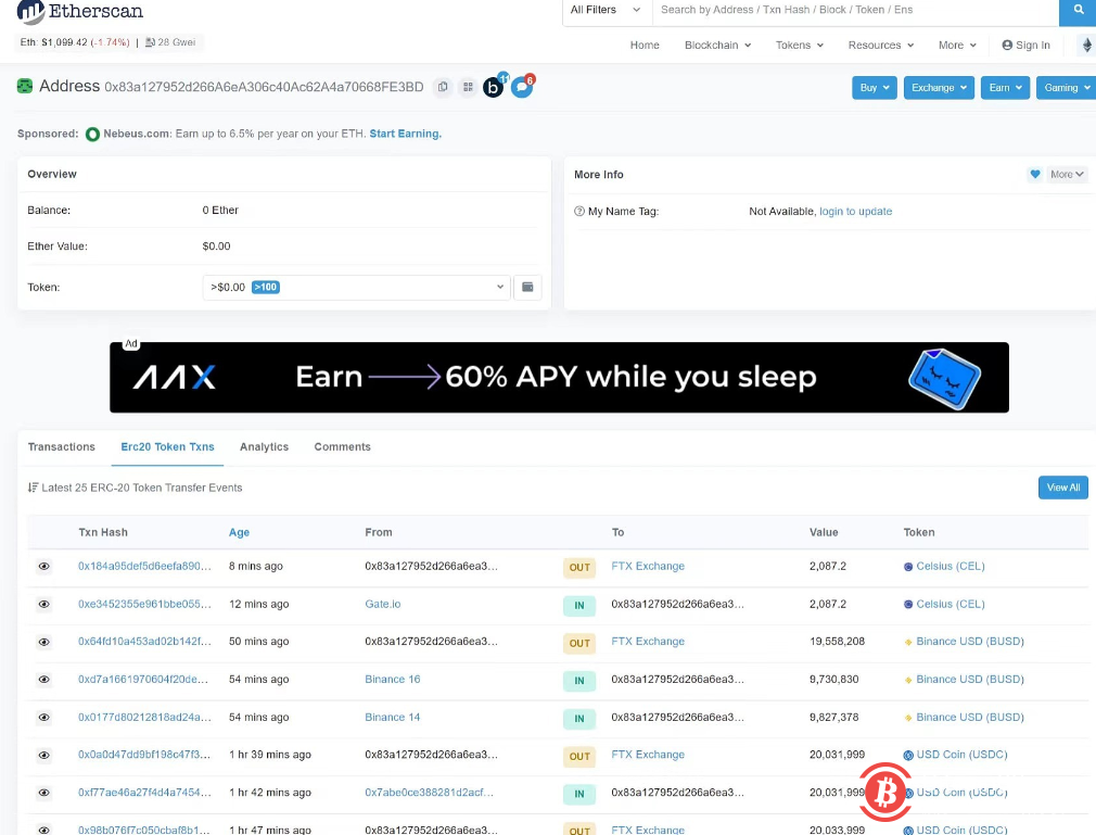  Alameda向FTX转入价值5962万美元的稳定币 