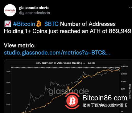 数据:持有超过1枚BTC的地址数近87万个,创历史新高