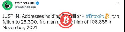 持有价值超100万美元BTC的地址数已降至26,300