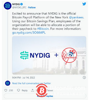 纽约洋基队与NYDIG合作 允许员工将部分薪水转换为比特币