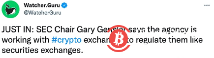  美国SEC主席：正与加密货币交易所合作，像监管证券交易所一样监管它们 