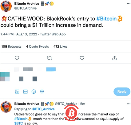Cathie Wood:贝莱德加入BTC可能会带来1万亿美元的增长需求