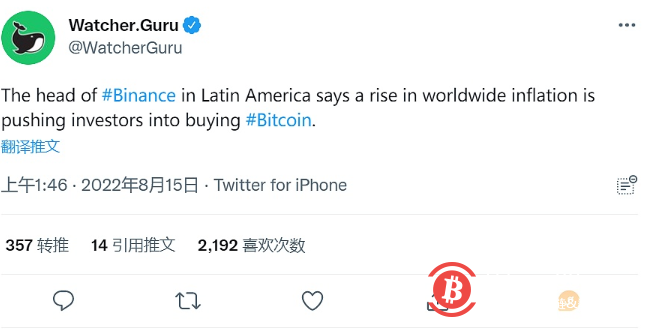  WatcherGuru：全球通货膨胀的上升正在推动投资者购买比特币 