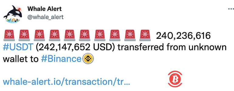 数据：超2.4亿枚USDT从未知钱包转移至币安 