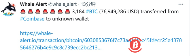 数据：3,184枚BTC从Coinbase转移到未知钱包 