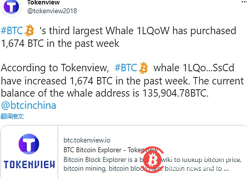  数据：BTC第三大鲸鱼在过去一周内购入1,674 BTC 