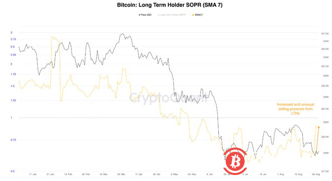 比特币数据：长期持有者目前比短期持有者承受更大的抛售压力