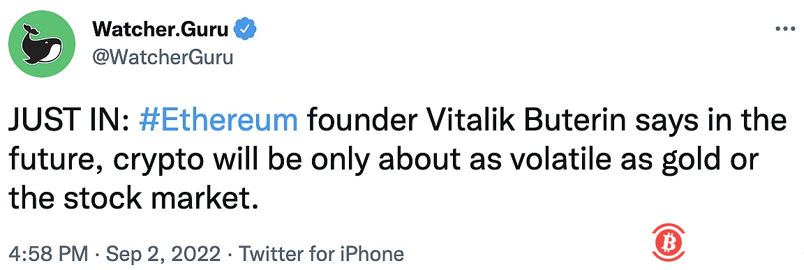  V神：未来加密货币的波动性与黄金或股市一样 