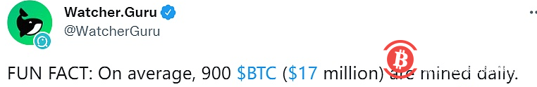 Watcher.Guru：平均每天有900枚比特币被开采出来 