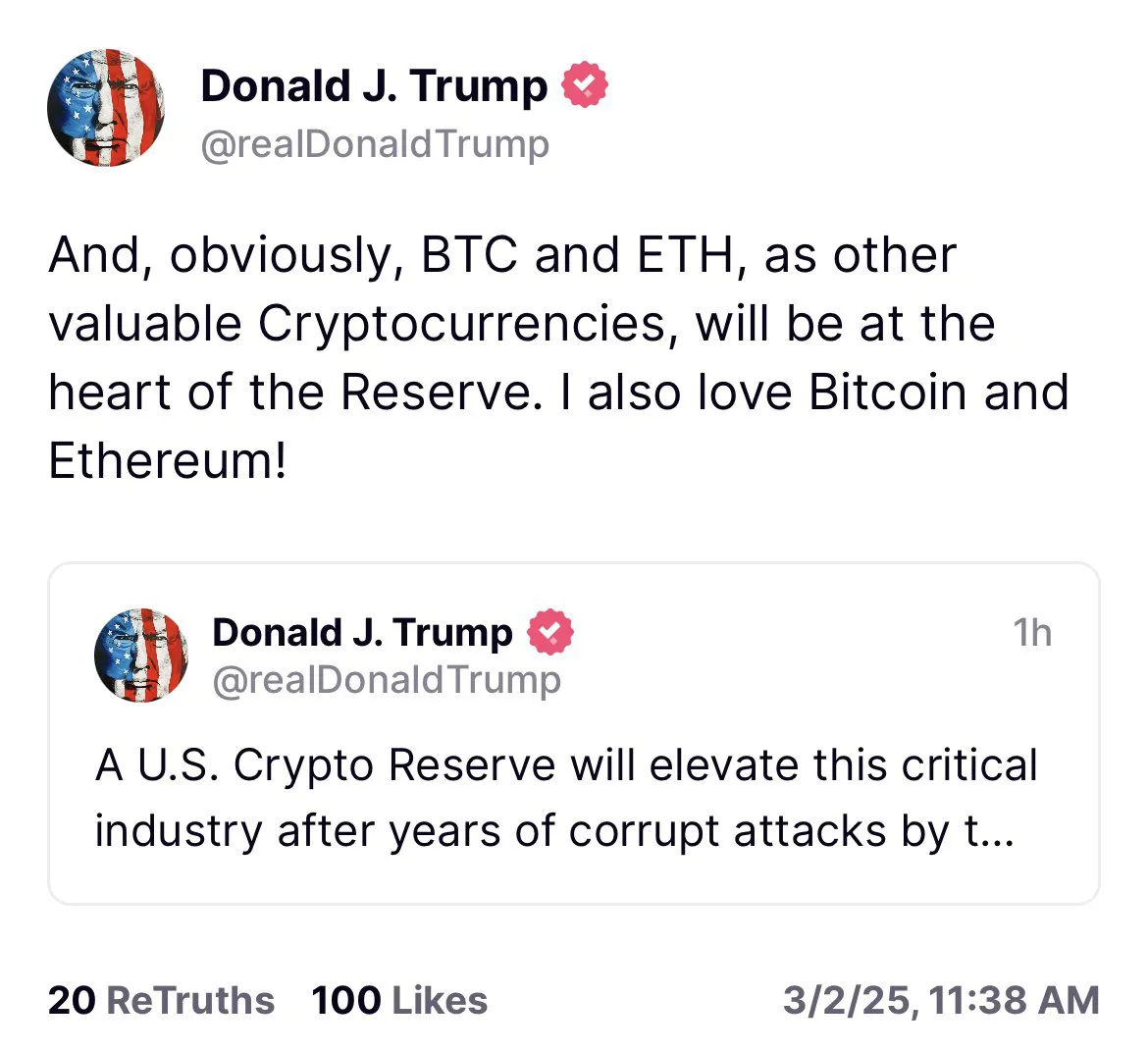 Trump says he loves Bitcoin and Ether, and they will be 'at the heart' of his crypto strategic reserve.