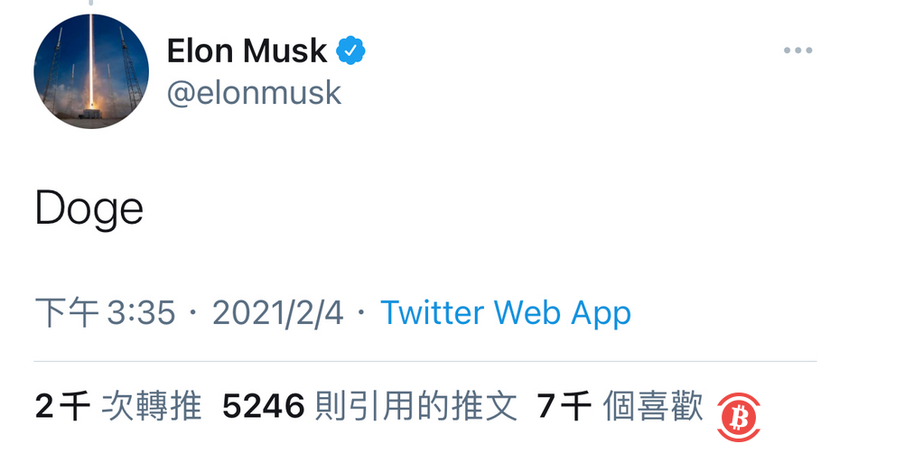 马斯克发推“Doge”狗狗币暴涨80%