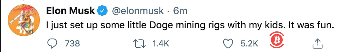 马斯克：和孩子们一起搭建了狗狗币矿机 