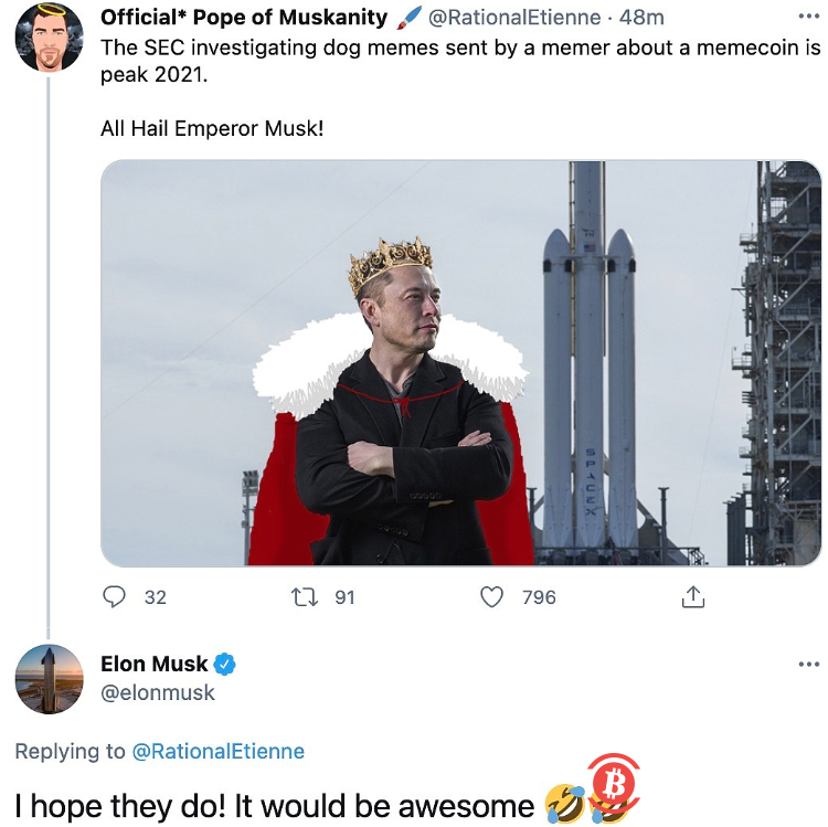 马斯克：希望SEC会调查有关狗狗币的推文 