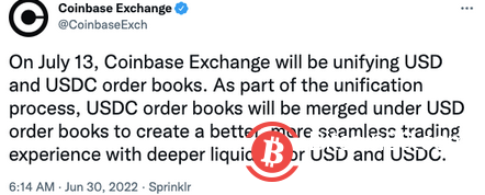  Coinbase：7月13日Coinbase交易所将统一美元和USDC订单簿