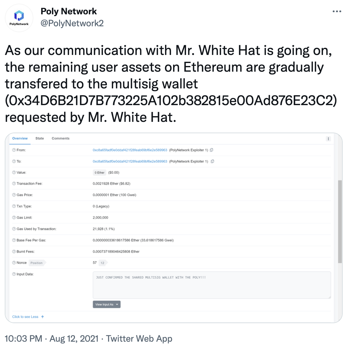 Poly Network:以太坊上剩余用户资产正逐渐转入要求钱包,黑客再次返还1.42亿美元代币