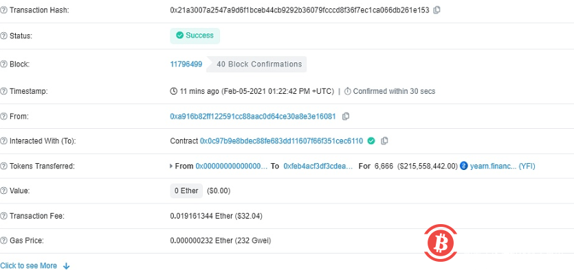Yearn已完成对于6666枚YFI的增发 