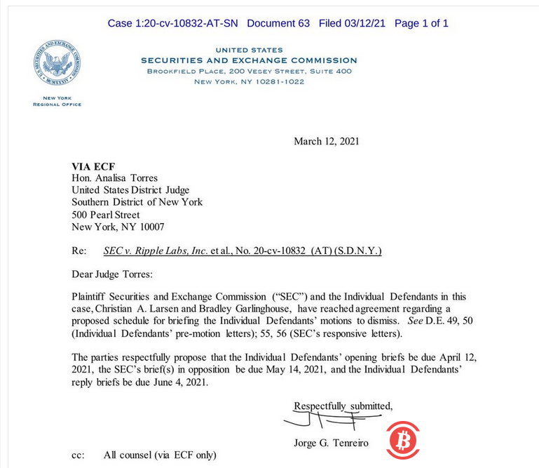 美SEC与Ripple商定有关“详述撤销被告动议”的时间表
